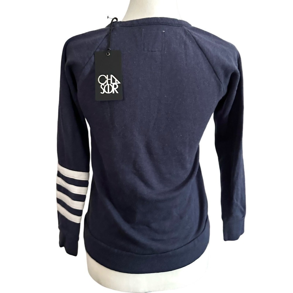 NWT CHASER Revolve Navy Rugby Stripe Pullover Lightweight Sweatshirt Top - Small - Picture 3 of 4